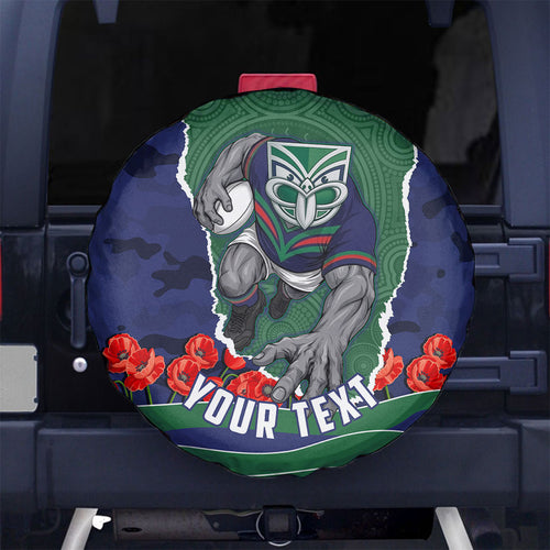 Personalized New Zealand Warriors ANZAC Tribute Spare Tire Cover Poppy Field Soldier Silhouette Aboriginal Rugby Mascot