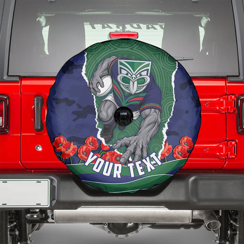 Personalized New Zealand Warriors ANZAC Tribute Spare Tire Cover Poppy Field Soldier Silhouette Aboriginal Rugby Mascot