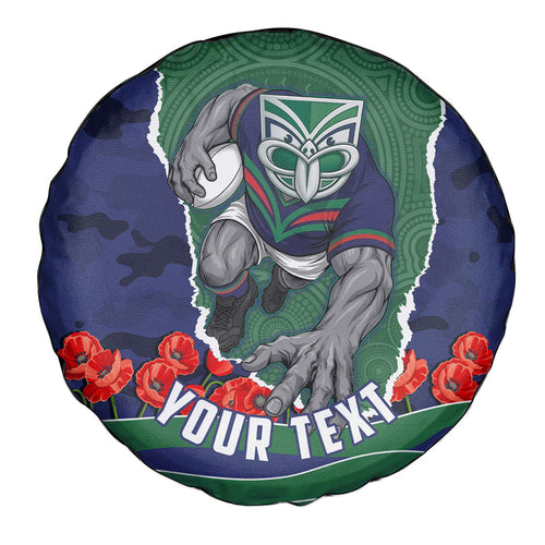 Personalized New Zealand Warriors ANZAC Tribute Spare Tire Cover Poppy Field Soldier Silhouette Aboriginal Rugby Mascot