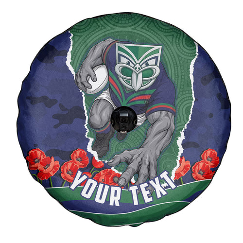Personalized New Zealand Warriors ANZAC Tribute Spare Tire Cover Poppy Field Soldier Silhouette Aboriginal Rugby Mascot
