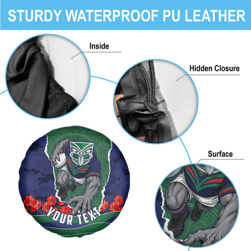 Personalized New Zealand Warriors ANZAC Tribute Spare Tire Cover Poppy Field Soldier Silhouette Aboriginal Rugby Mascot