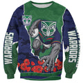 Personalized New Zealand Warriors ANZAC Tribute Sweatshirt Poppy Field Soldier Silhouette Aboriginal Rugby Mascot
