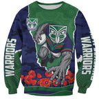 Personalized New Zealand Warriors ANZAC Tribute Sweatshirt Poppy Field Soldier Silhouette Aboriginal Rugby Mascot