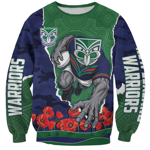 Personalized New Zealand Warriors ANZAC Tribute Sweatshirt Poppy Field Soldier Silhouette Aboriginal Rugby Mascot