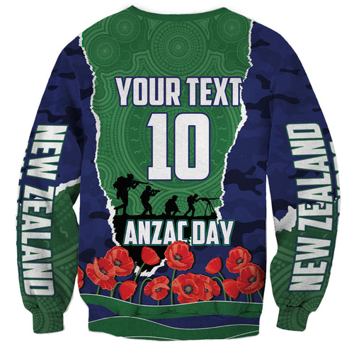 Personalized New Zealand Warriors ANZAC Tribute Sweatshirt Poppy Field Soldier Silhouette Aboriginal Rugby Mascot