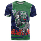 Personalized New Zealand Warriors ANZAC Tribute T Shirt Poppy Field Soldier Silhouette Aboriginal Rugby Mascot