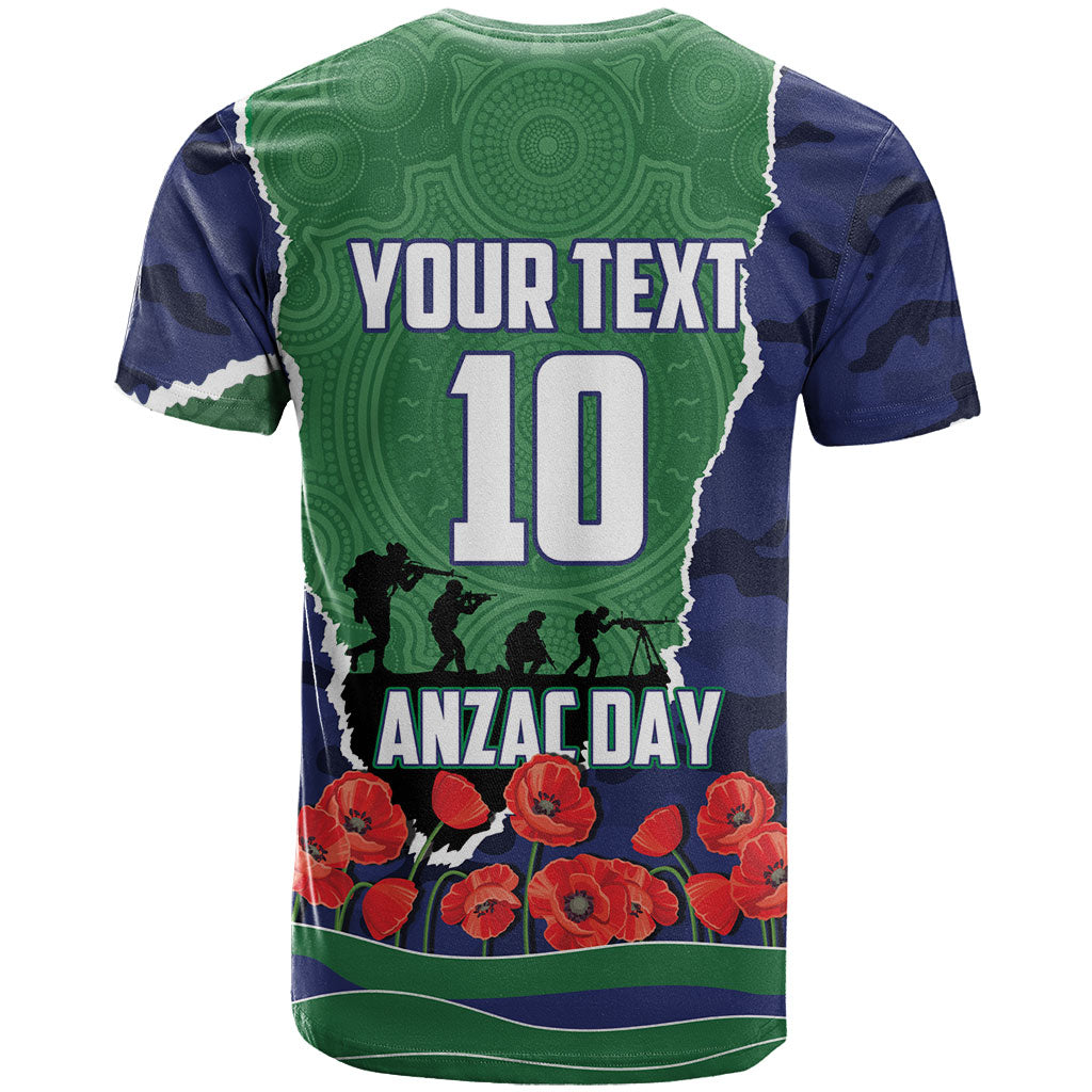 Personalized New Zealand Warriors ANZAC Tribute T Shirt Poppy Field Soldier Silhouette Aboriginal Rugby Mascot