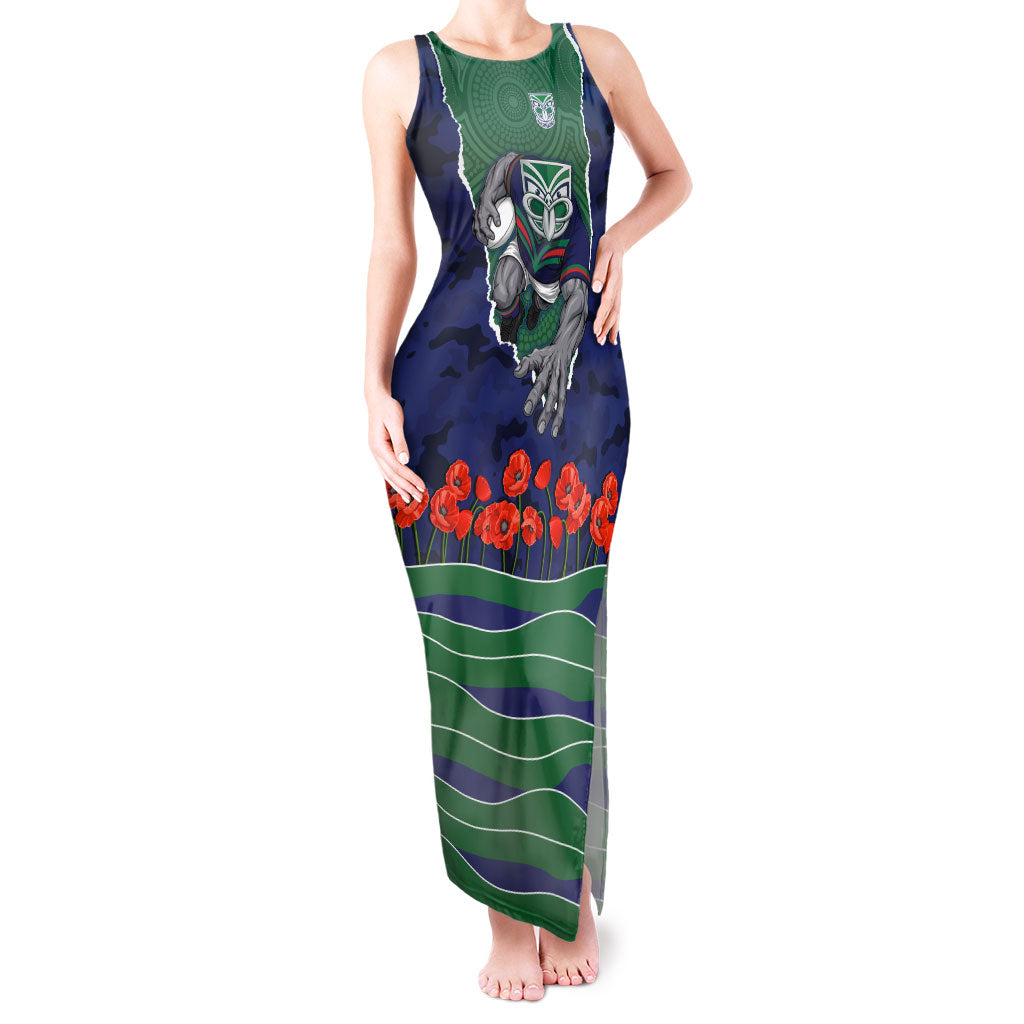 Personalized New Zealand Warriors ANZAC Tribute Tank Maxi Dress Poppy Field Soldier Silhouette Aboriginal Rugby Mascot