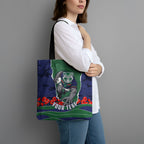 Personalized New Zealand Warriors ANZAC Tribute Tote Bag Poppy Field Soldier Silhouette Aboriginal Rugby Mascot