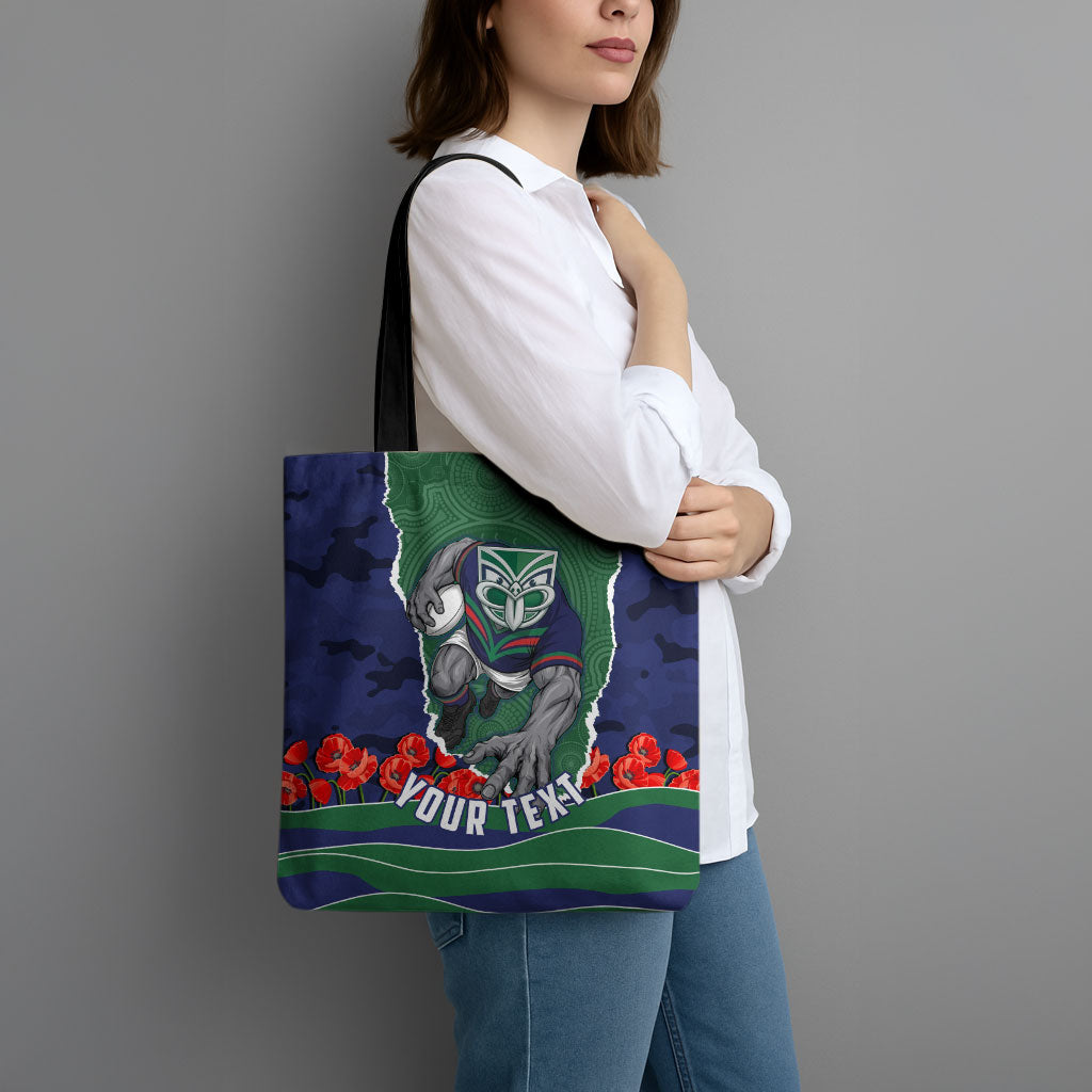 Personalized New Zealand Warriors ANZAC Tribute Tote Bag Poppy Field Soldier Silhouette Aboriginal Rugby Mascot