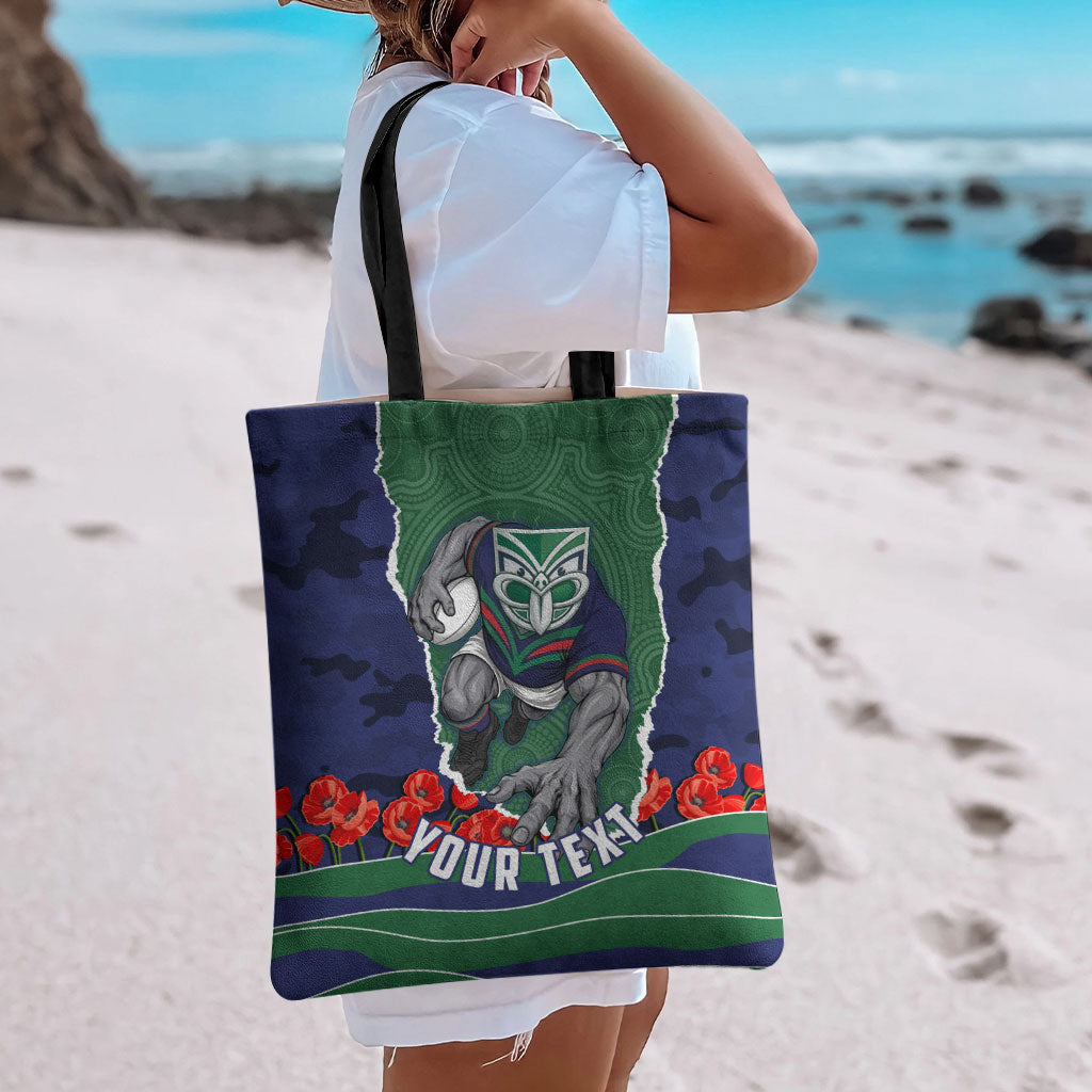 Personalized New Zealand Warriors ANZAC Tribute Tote Bag Poppy Field Soldier Silhouette Aboriginal Rugby Mascot