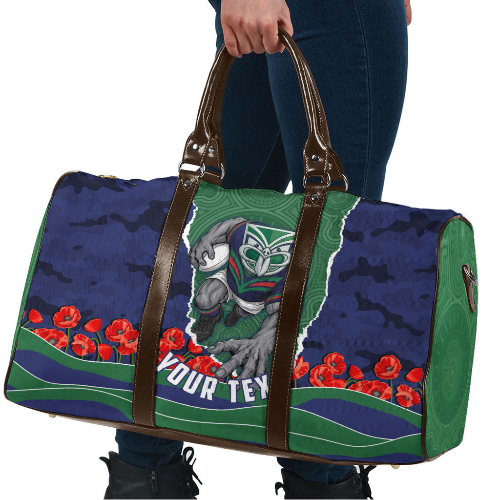 Personalized New Zealand Warriors ANZAC Tribute Travel Bag Poppy Field Soldier Silhouette Aboriginal Rugby Mascot