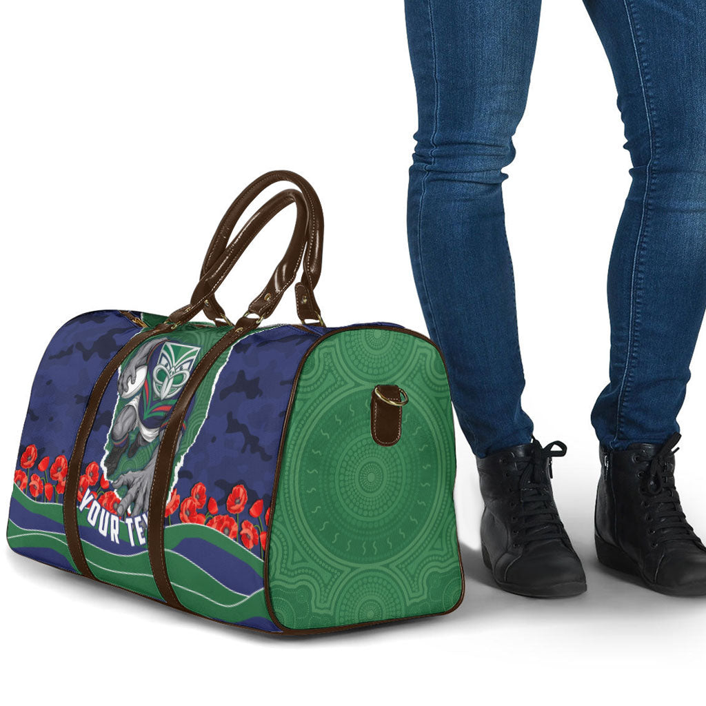Personalized New Zealand Warriors ANZAC Tribute Travel Bag Poppy Field Soldier Silhouette Aboriginal Rugby Mascot