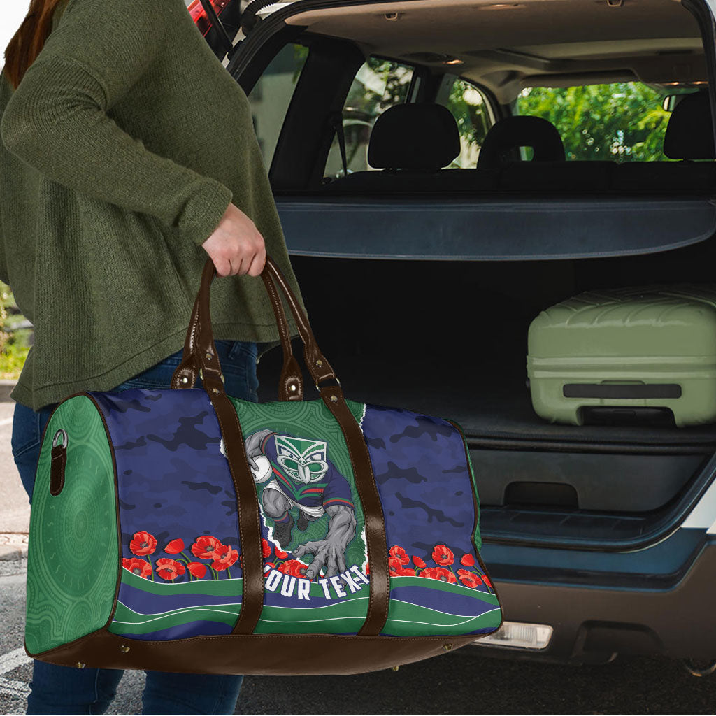 Personalized New Zealand Warriors ANZAC Tribute Travel Bag Poppy Field Soldier Silhouette Aboriginal Rugby Mascot