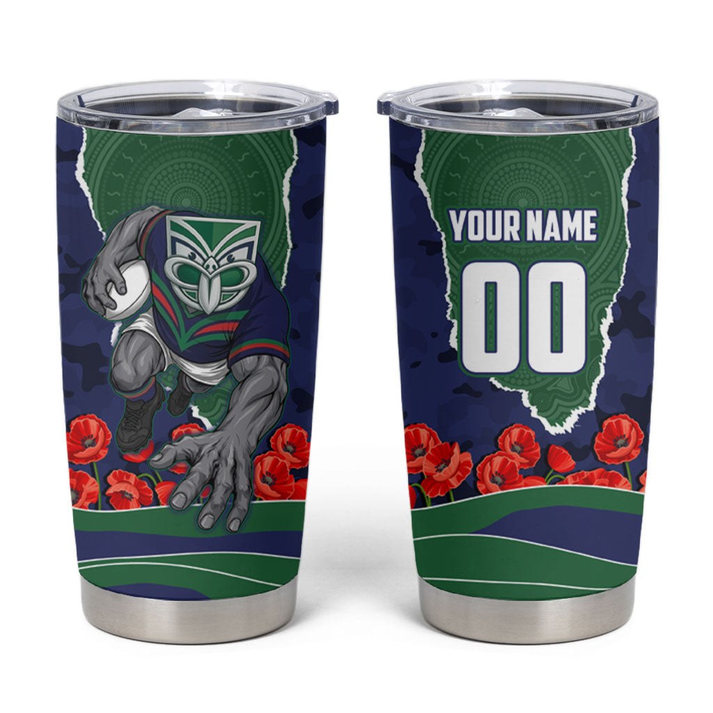 Personalized New Zealand Warriors ANZAC Tribute Tumbler Cup Poppy Field Soldier Silhouette Aboriginal Rugby Mascot