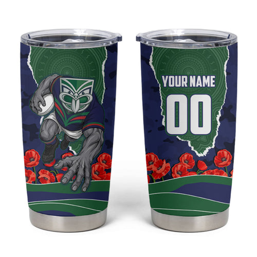 Personalized New Zealand Warriors ANZAC Tribute Tumbler Cup Poppy Field Soldier Silhouette Aboriginal Rugby Mascot