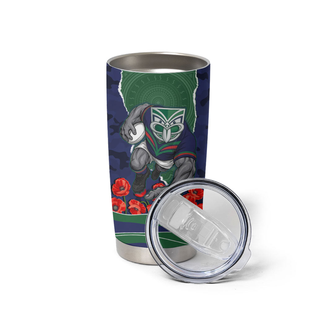 Personalized New Zealand Warriors ANZAC Tribute Tumbler Cup Poppy Field Soldier Silhouette Aboriginal Rugby Mascot