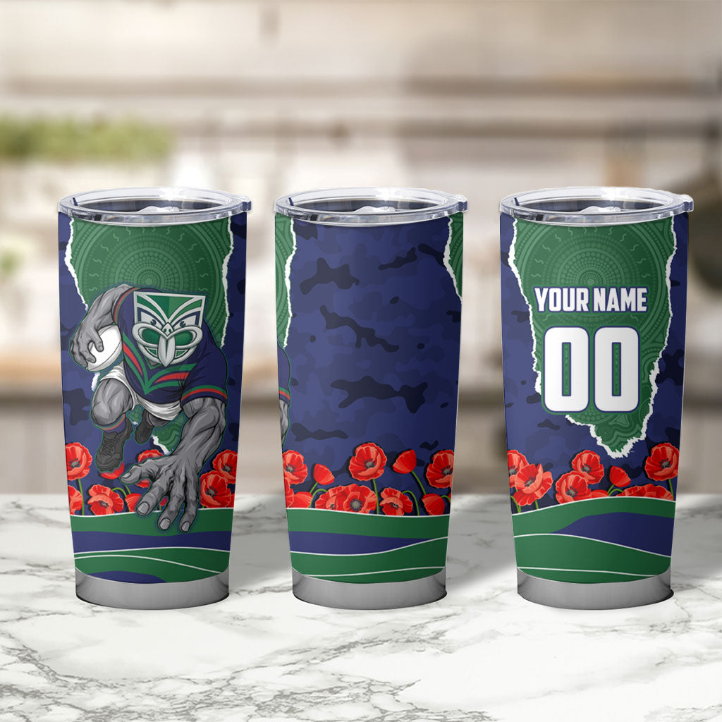 Personalized New Zealand Warriors ANZAC Tribute Tumbler Cup Poppy Field Soldier Silhouette Aboriginal Rugby Mascot