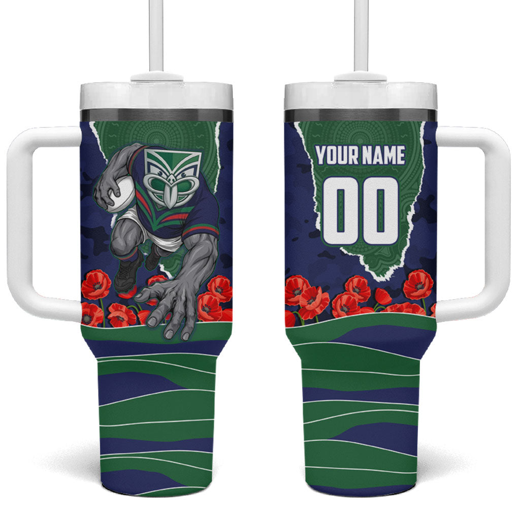 Personalized New Zealand Warriors ANZAC Tribute Tumbler With Handle Poppy Field Soldier Silhouette Aboriginal Rugby Mascot