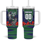 Personalized New Zealand Warriors ANZAC Tribute Tumbler With Handle Poppy Field Soldier Silhouette Aboriginal Rugby Mascot