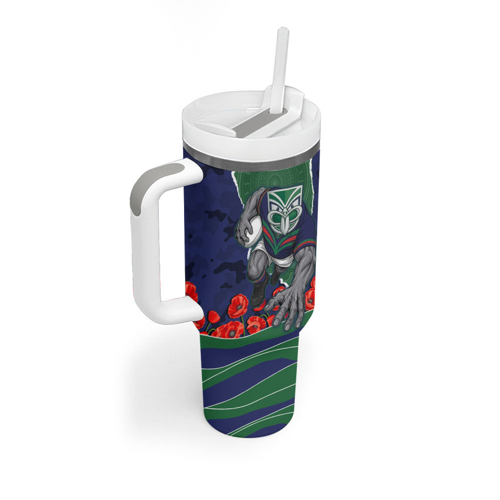 Personalized New Zealand Warriors ANZAC Tribute Tumbler With Handle Poppy Field Soldier Silhouette Aboriginal Rugby Mascot