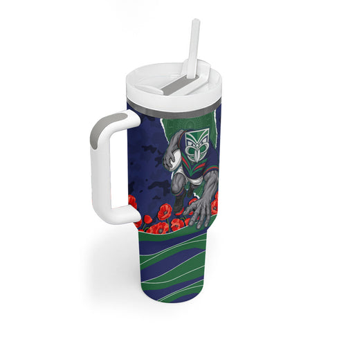 Personalized New Zealand Warriors ANZAC Tribute Tumbler With Handle Poppy Field Soldier Silhouette Aboriginal Rugby Mascot