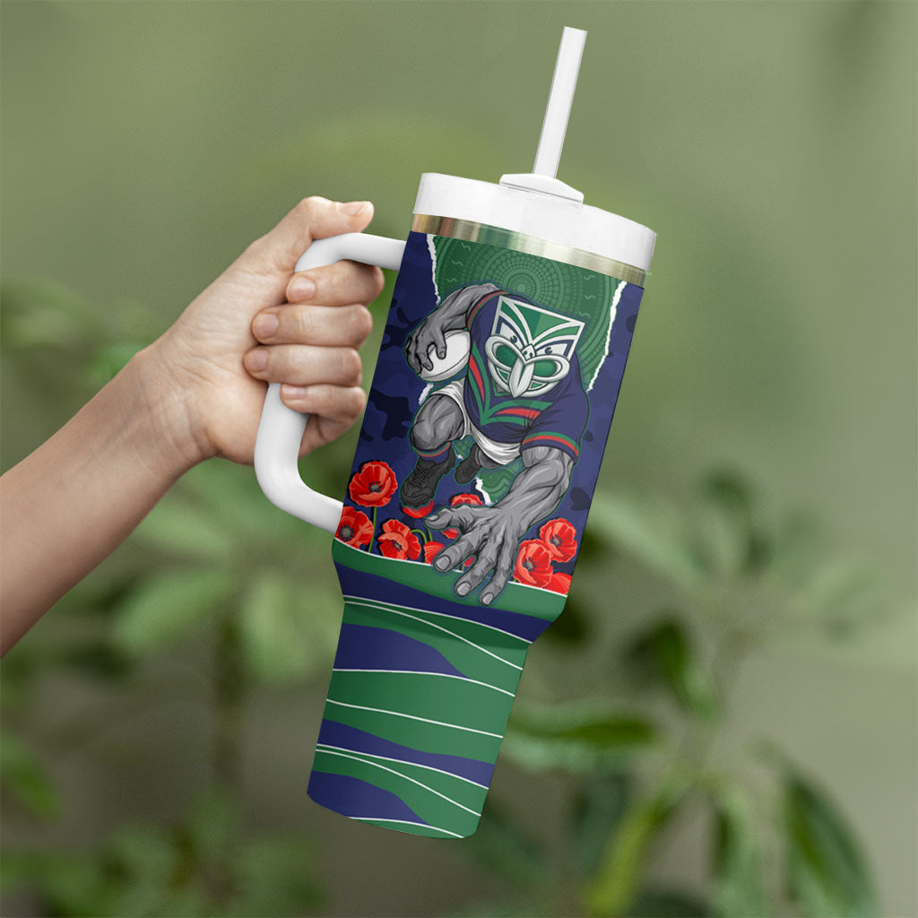 Personalized New Zealand Warriors ANZAC Tribute Tumbler With Handle Poppy Field Soldier Silhouette Aboriginal Rugby Mascot