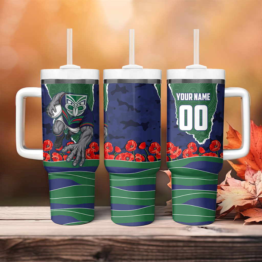 Personalized New Zealand Warriors ANZAC Tribute Tumbler With Handle Poppy Field Soldier Silhouette Aboriginal Rugby Mascot