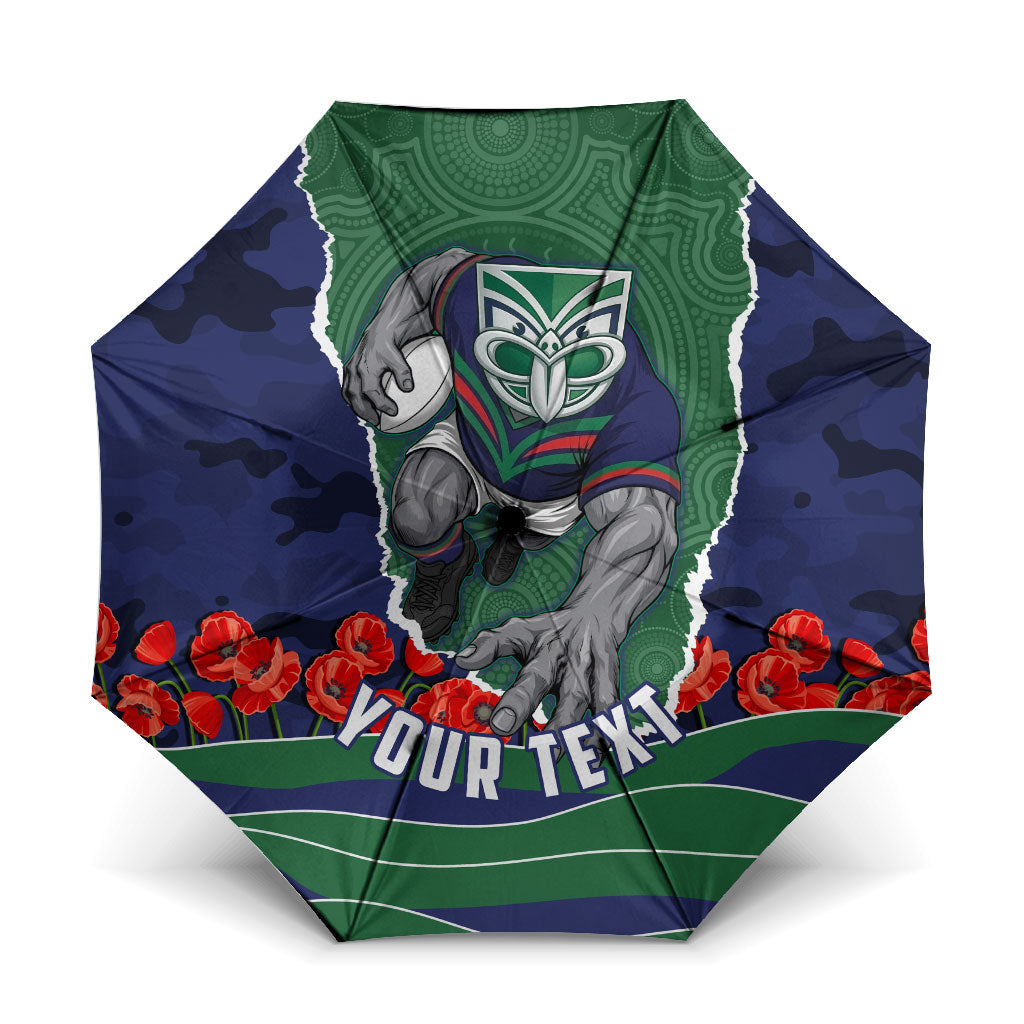Personalized New Zealand Warriors ANZAC Tribute Umbrella Poppy Field Soldier Silhouette Aboriginal Rugby Mascot
