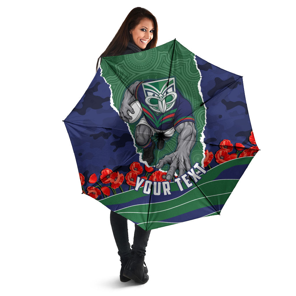 Personalized New Zealand Warriors ANZAC Tribute Umbrella Poppy Field Soldier Silhouette Aboriginal Rugby Mascot