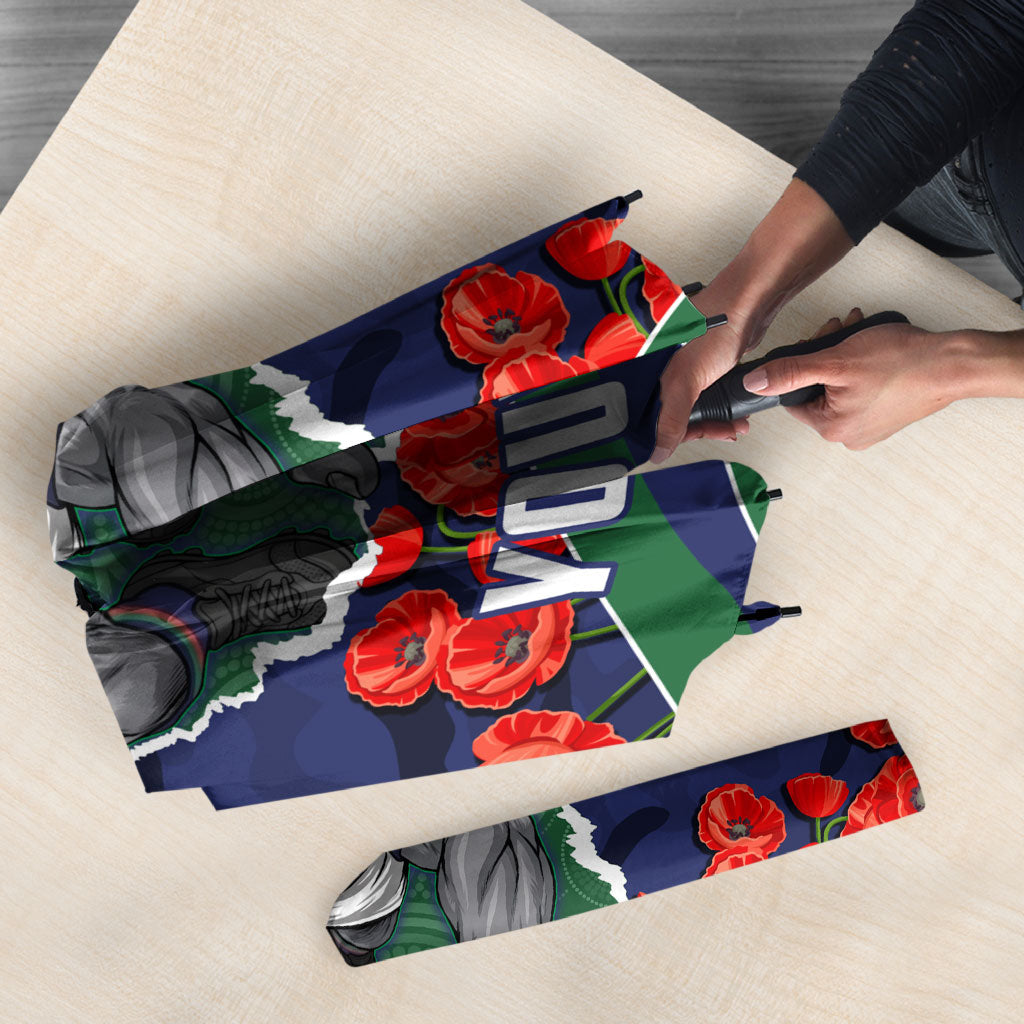 Personalized New Zealand Warriors ANZAC Tribute Umbrella Poppy Field Soldier Silhouette Aboriginal Rugby Mascot