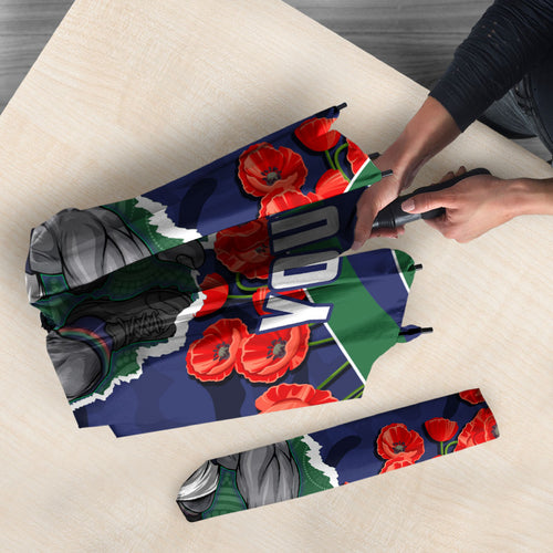 Personalized New Zealand Warriors ANZAC Tribute Umbrella Poppy Field Soldier Silhouette Aboriginal Rugby Mascot