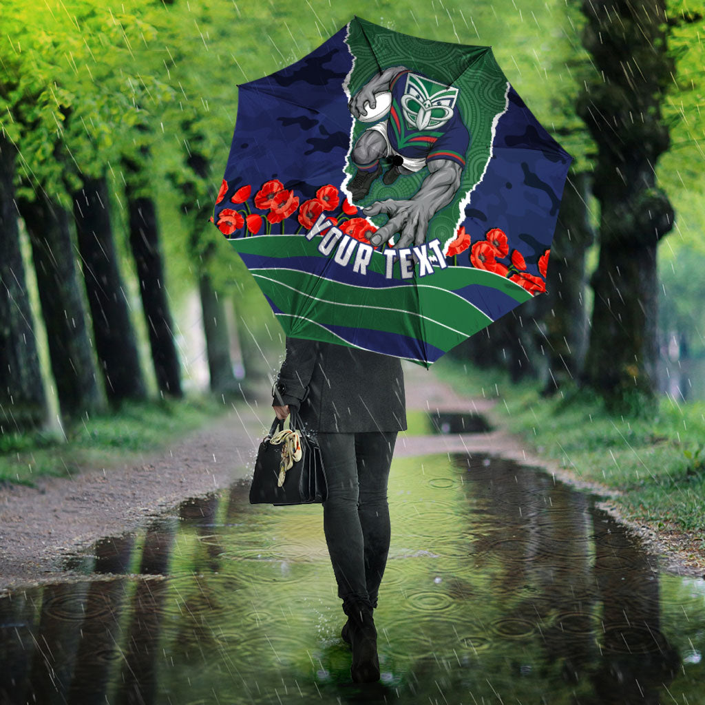 Personalized New Zealand Warriors ANZAC Tribute Umbrella Poppy Field Soldier Silhouette Aboriginal Rugby Mascot