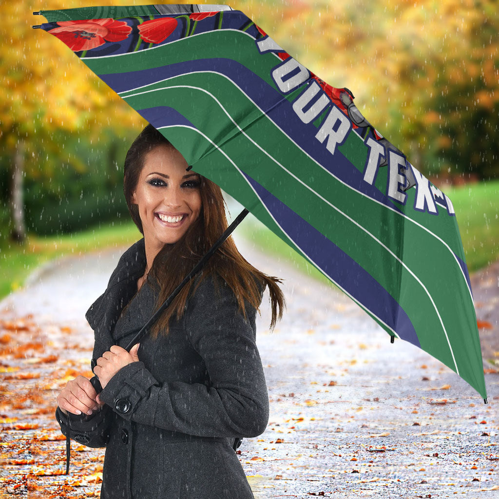 Personalized New Zealand Warriors ANZAC Tribute Umbrella Poppy Field Soldier Silhouette Aboriginal Rugby Mascot