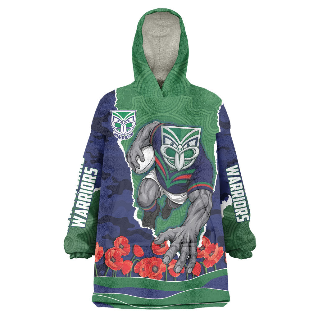 Personalized New Zealand Warriors ANZAC Tribute Wearable Blanket Hoodie Poppy Field Soldier Silhouette Aboriginal Rugby Mascot