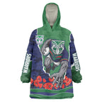 Personalized New Zealand Warriors ANZAC Tribute Wearable Blanket Hoodie Poppy Field Soldier Silhouette Aboriginal Rugby Mascot