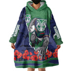 Personalized New Zealand Warriors ANZAC Tribute Wearable Blanket Hoodie Poppy Field Soldier Silhouette Aboriginal Rugby Mascot