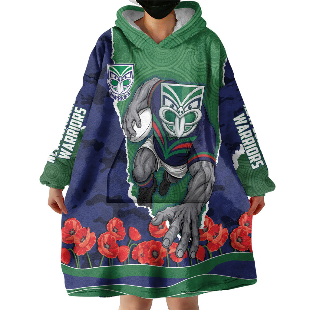 Personalized New Zealand Warriors ANZAC Tribute Wearable Blanket Hoodie Poppy Field Soldier Silhouette Aboriginal Rugby Mascot