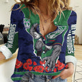 Personalized New Zealand Warriors ANZAC Tribute Women Casual Shirt Poppy Field Soldier Silhouette Aboriginal Rugby Mascot