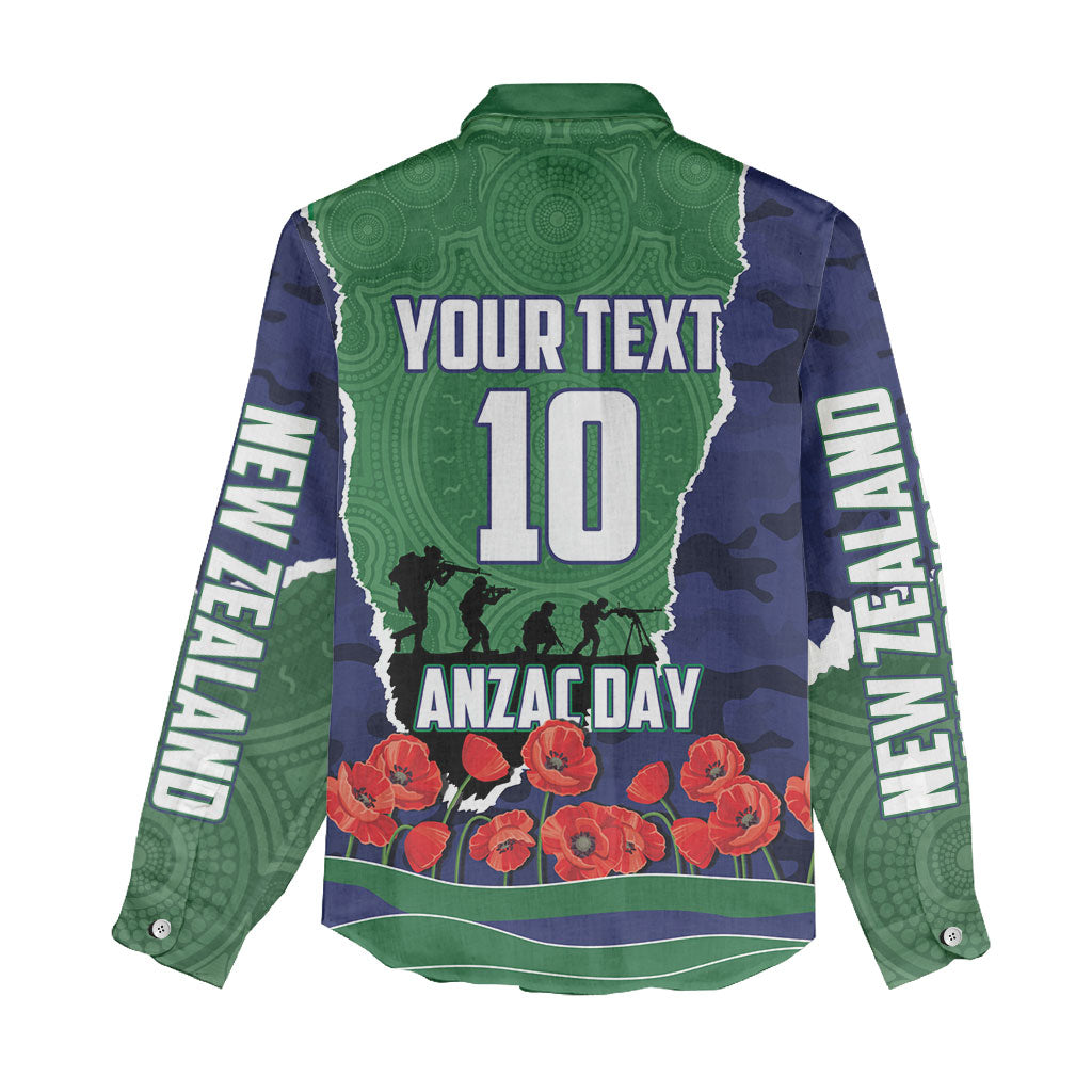 Personalized New Zealand Warriors ANZAC Tribute Women Casual Shirt Poppy Field Soldier Silhouette Aboriginal Rugby Mascot