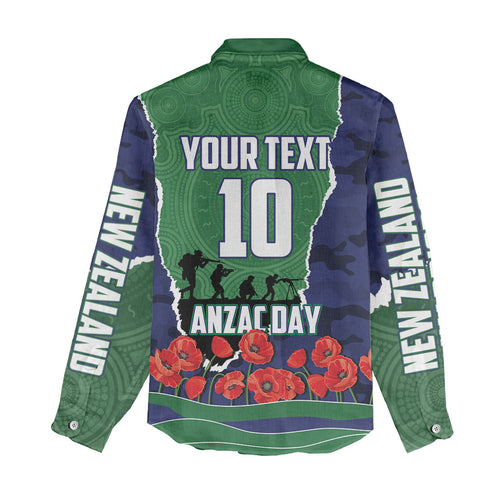 Personalized New Zealand Warriors ANZAC Tribute Women Casual Shirt Poppy Field Soldier Silhouette Aboriginal Rugby Mascot