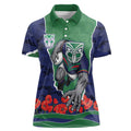 Personalized New Zealand Warriors ANZAC Tribute Women Polo Shirt Poppy Field Soldier Silhouette Aboriginal Rugby Mascot