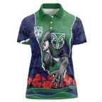 Personalized New Zealand Warriors ANZAC Tribute Women Polo Shirt Poppy Field Soldier Silhouette Aboriginal Rugby Mascot