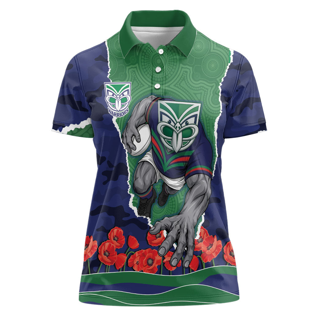 Personalized New Zealand Warriors ANZAC Tribute Women Polo Shirt Poppy Field Soldier Silhouette Aboriginal Rugby Mascot
