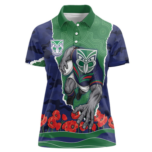 Personalized New Zealand Warriors ANZAC Tribute Women Polo Shirt Poppy Field Soldier Silhouette Aboriginal Rugby Mascot