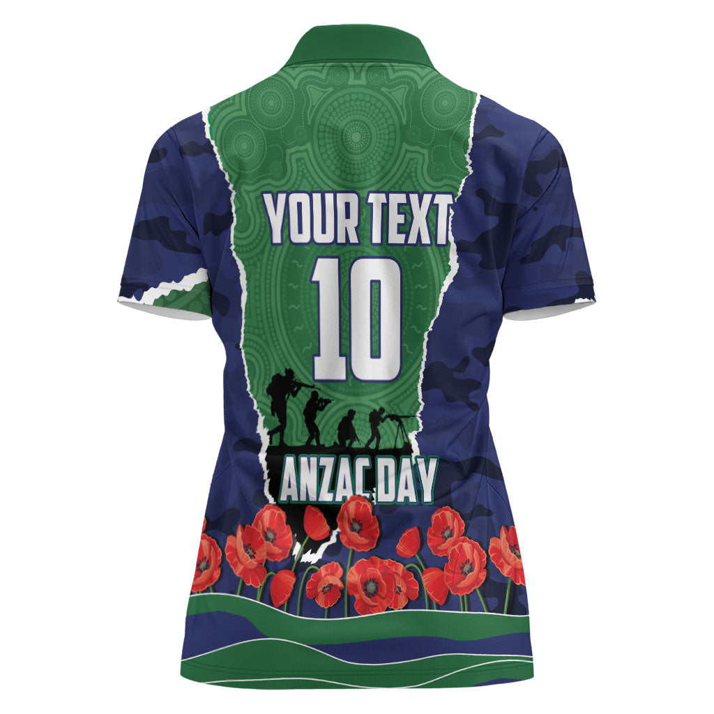 Personalized New Zealand Warriors ANZAC Tribute Women Polo Shirt Poppy Field Soldier Silhouette Aboriginal Rugby Mascot