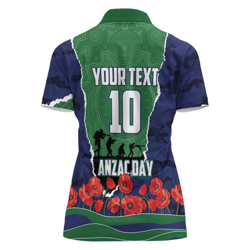 Personalized New Zealand Warriors ANZAC Tribute Women Polo Shirt Poppy Field Soldier Silhouette Aboriginal Rugby Mascot