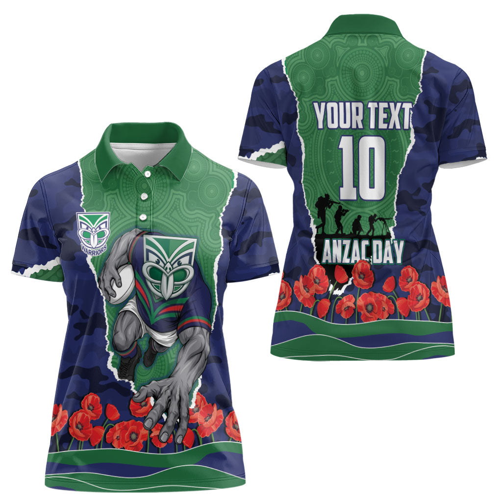 Personalized New Zealand Warriors ANZAC Tribute Women Polo Shirt Poppy Field Soldier Silhouette Aboriginal Rugby Mascot