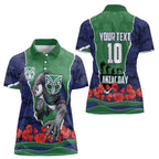 Personalized New Zealand Warriors ANZAC Tribute Women Polo Shirt Poppy Field Soldier Silhouette Aboriginal Rugby Mascot