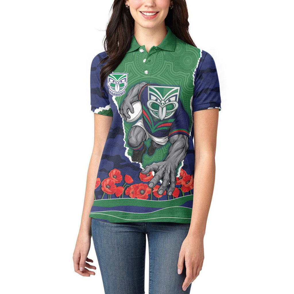 Personalized New Zealand Warriors ANZAC Tribute Women Polo Shirt Poppy Field Soldier Silhouette Aboriginal Rugby Mascot